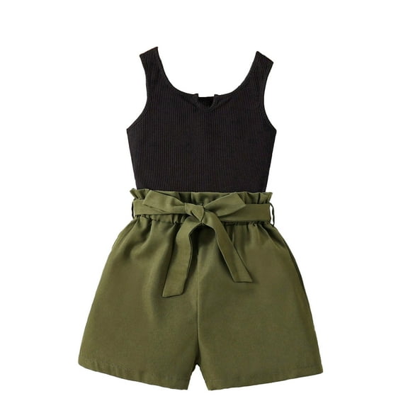 Odeerbi Kids Girls 2 Piece Outfits Cotton Tank Tops Cargo Shorts Set Summer Clothes Casual Sleeveless Round Neck Strap Loose Botton Solid Color Shorts Tank Top Sets Black