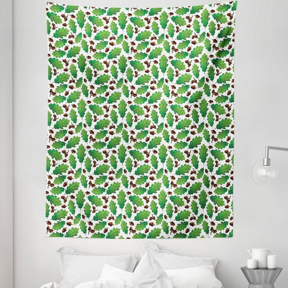Oak Tree Tapestry, Leaf Timber Wood Forest Orderly Repeated Pattern of Artwork, Fabric Wall Hanging Decor for Bedroom Living Room Dorm, 5 Sizes, White Lime Green and Redbrown, by Ambesonne