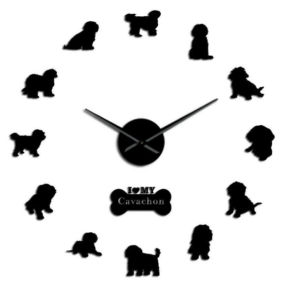 Cavachon Dog Breed Large 3D DIY Wall Clock Rottie Puppy Wall Sticker Clocks Living Room Decor Modern Design Quartz Hanging Watch(Black,27inch)