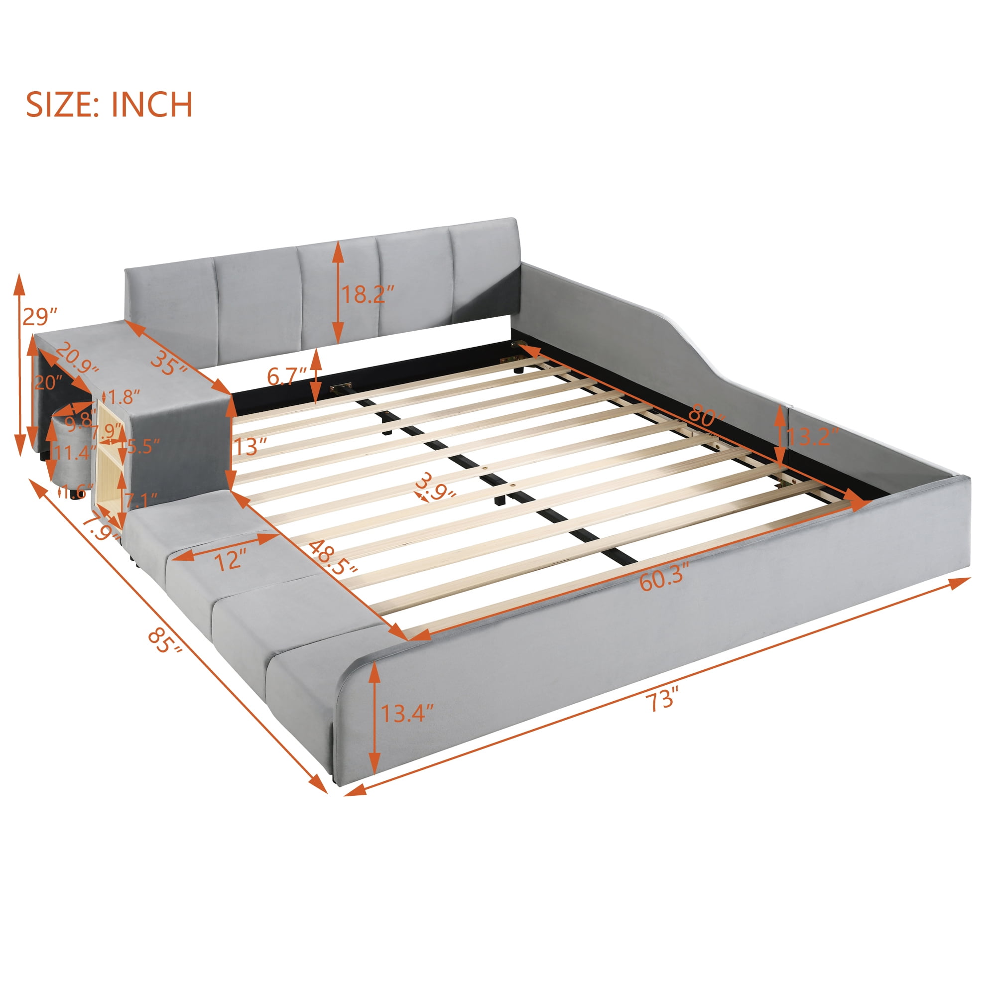 Aukfa Queen Size Mother & Child Bed Frame, Velvet Upholstered Platform Bed with Bedside Desk & Stool, Grounded Design, Gray