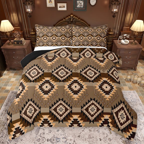 jejeloiu Vintage Boho Aztec Bedding Comforter Set,Geometric Rhombus Triangle Twin Comforter Sets,Brown Bohemian Bedding Set For Teens,Ultra Soft Home Decor Reversible,2-Piece