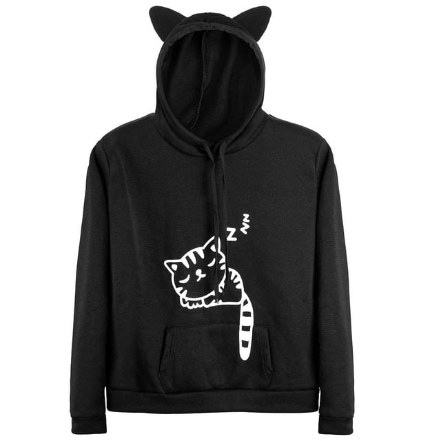 RGOSME Sweat à Capuche Chat pour Femmes Fille Manches Longues Mignon Pull Oreilles de Chat (Noir, TTP)