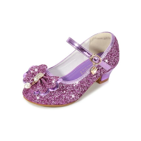 

Wazshop Kids Heels Sandals Round Toe Mary Jane Glitter Princess Shoes Bow Low Heel Dress Pumps Girl s Dance Shoe Chunky Comfort Purple 2.5Y