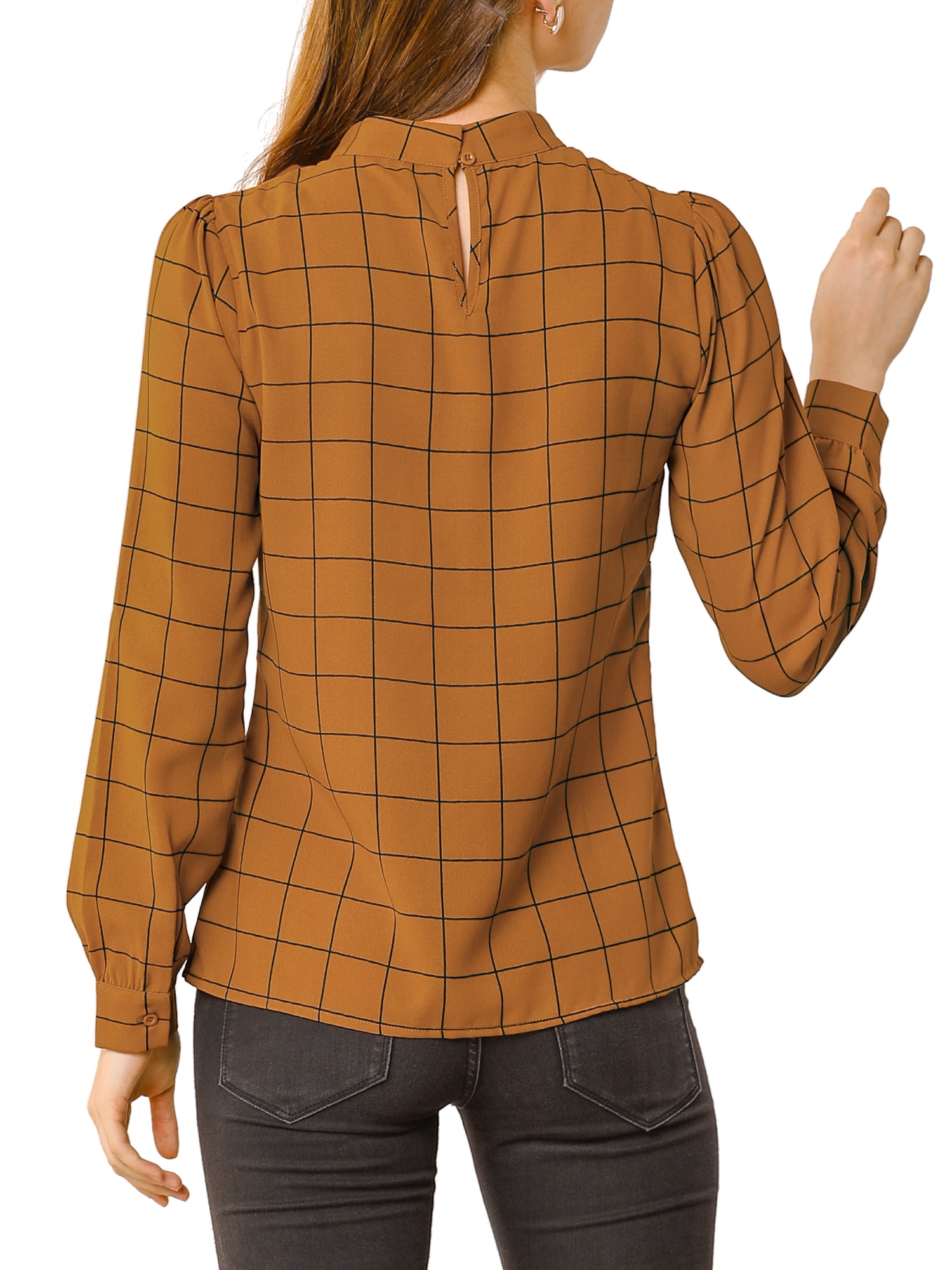 DARING DIVA Bow-Tie Neck Office Work Checks Shirt Top XL Brown