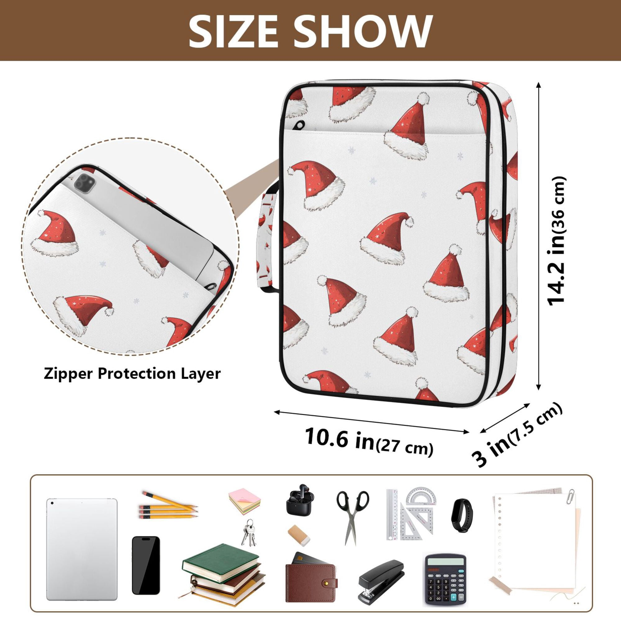 FORMRS Accordion File Folder A4 Size 7-Pocket Expanding Document Organizer Bag with 3 Ring Binder, Cute Santa Hats Pattern