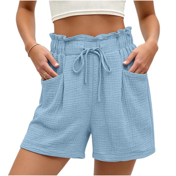 Hurxie Women's Cotton Crinkled Lounge Shorts High Waist Drawstring Summer Casual Shorts with Pockets Light Blue,2XL