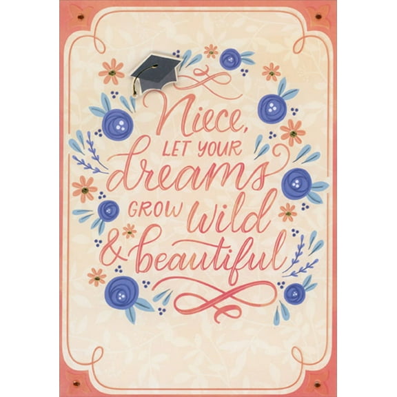 Designer Greetings Let Your Dreams Grow Wild and Beautiful 3D Tip On Grad Cap and Gems Hand Decorated Graduation Congratulations Card for Niece