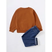 Kids Boys Clothes Little Boys 2PCS Outfits 6-7 Years Boys Letter Print Long Sleeve Round Neckline Top Jeans Pants Set Brown