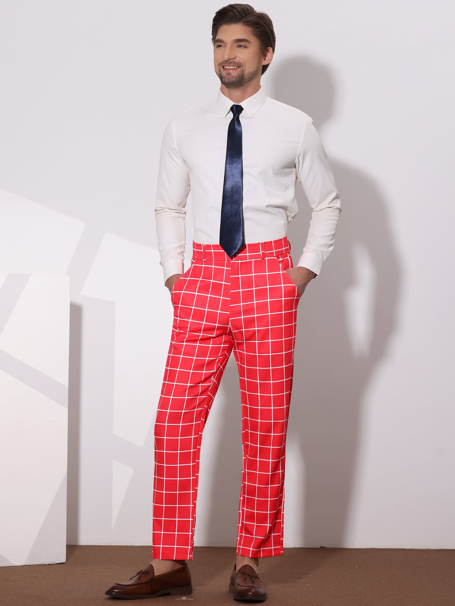 Unique Bargains Men's Plaid Printed Straight Leg Business Casual Checked Pants 28 Red White