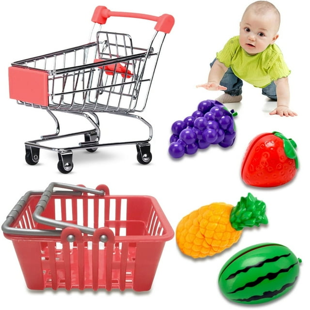 YOPTOP Mini Panier d'Achats Jouet pour Enfants, Chariot à Main de Supermarché Chariot Utilitaire de Magasinage Mode Rangement Jouet pour Cadeaux de Fête pour Enfants, 6 Pcs Mini Panier d'Achats Panier d'Achats Ensemble de Jouets pour Enfants, Rouge