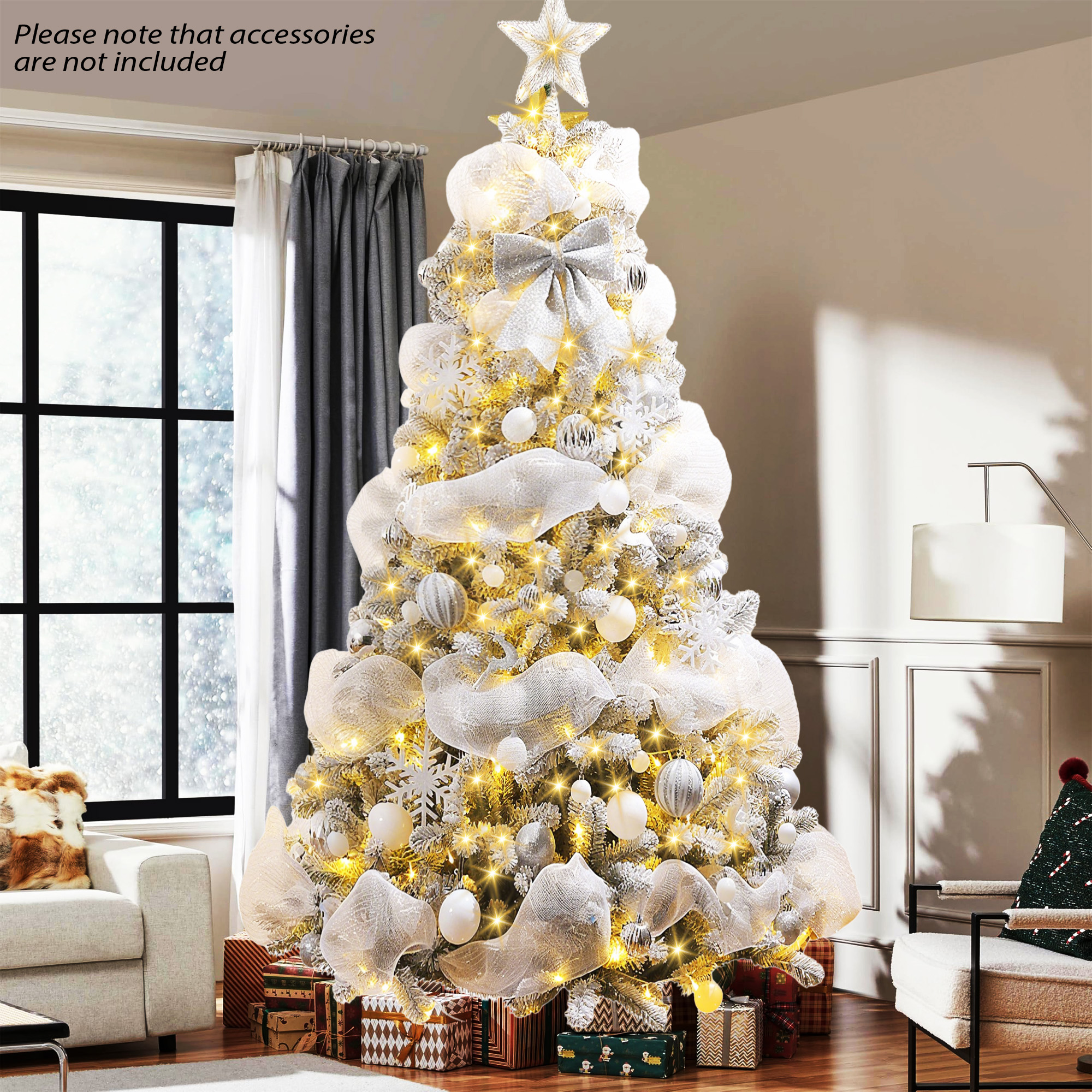 Yexmas 7.5 Ft Pre-Lit Snowflake Flocked Christmas Tree photo 4