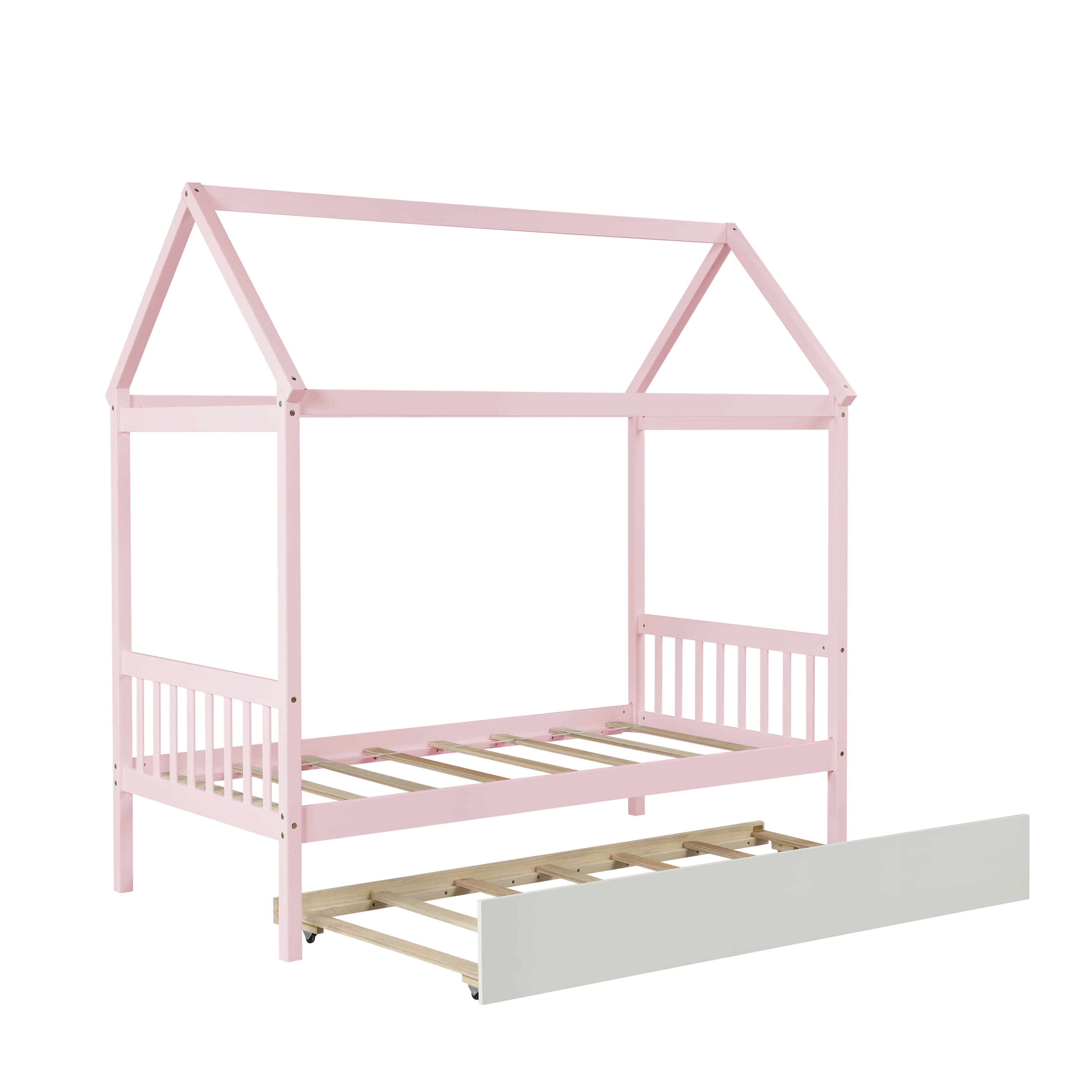 EUROCO Pine Wood House Bed with Trundle for Kids Bedroom, Pink