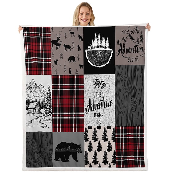 Rustic Cabin Sherpa Blanket, Farmhouse Deer Bear Fleece Blanket Throw Size Country Lodge Camping Throw Blanket Hunting Wild Animal Retro Buffalo Plush Bed Blanket Teenage, Brown