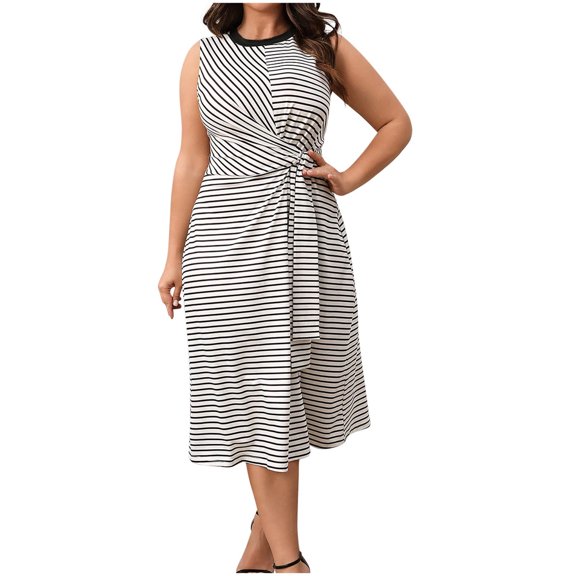 Jerdar Plus Size Womens Summer Dresses Casual Striped Sleeveless Wrap Tie Waist Slit Tshirt Midi Dress Fit Beach Vacation Outfit XL