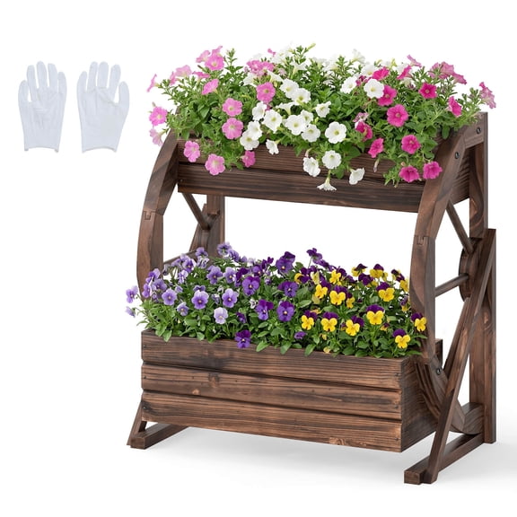 Costway 1 PCS 2-Tier Rustic Wood Wagon Planter with Drainage Semi-Wheels,Raised Bed for PatioYard