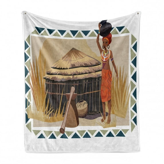 African Soft Flannel Fleece Throw Blanket, Native Lady Carrying a Pot Traditional Savannah Life Graphic, Cozy Plush for Indoor and Outdoor Use, 50" x 60", Multicolor, by Ambesonne
