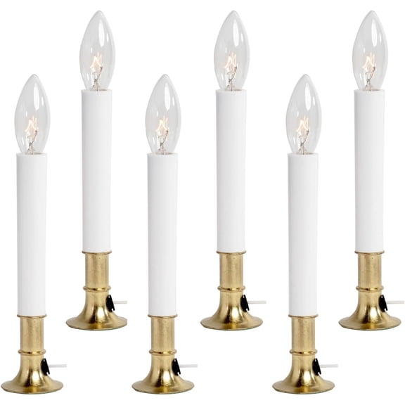 Electric Window Candle Lamp with Brass Plated Base, Dusk to Dawn Sensor Turns Candle on in Dark and Off in Light, Ready to Use! | 6 Pack