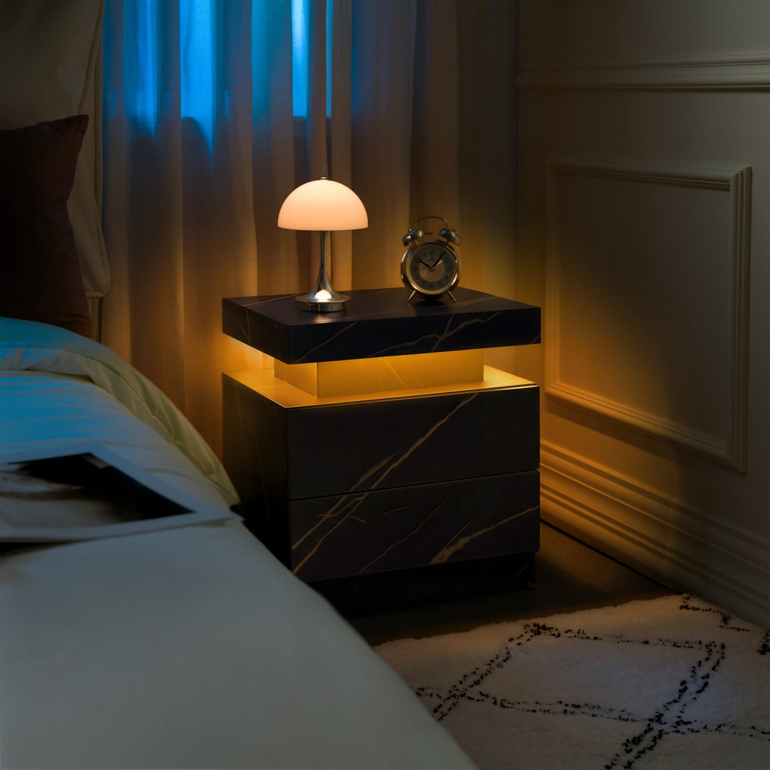 Nightstand with LED Lights, Modern Bedside Table with 2 Drawers and Open Storage, Adjustable RGB Light End Table for Bedroom Living Room Office, Black+Gold