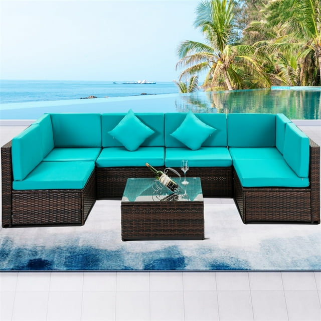 Patio Dining Sets, 7 Piece Patio Furniture Sets, 6 Rattan Wicker Chairs
