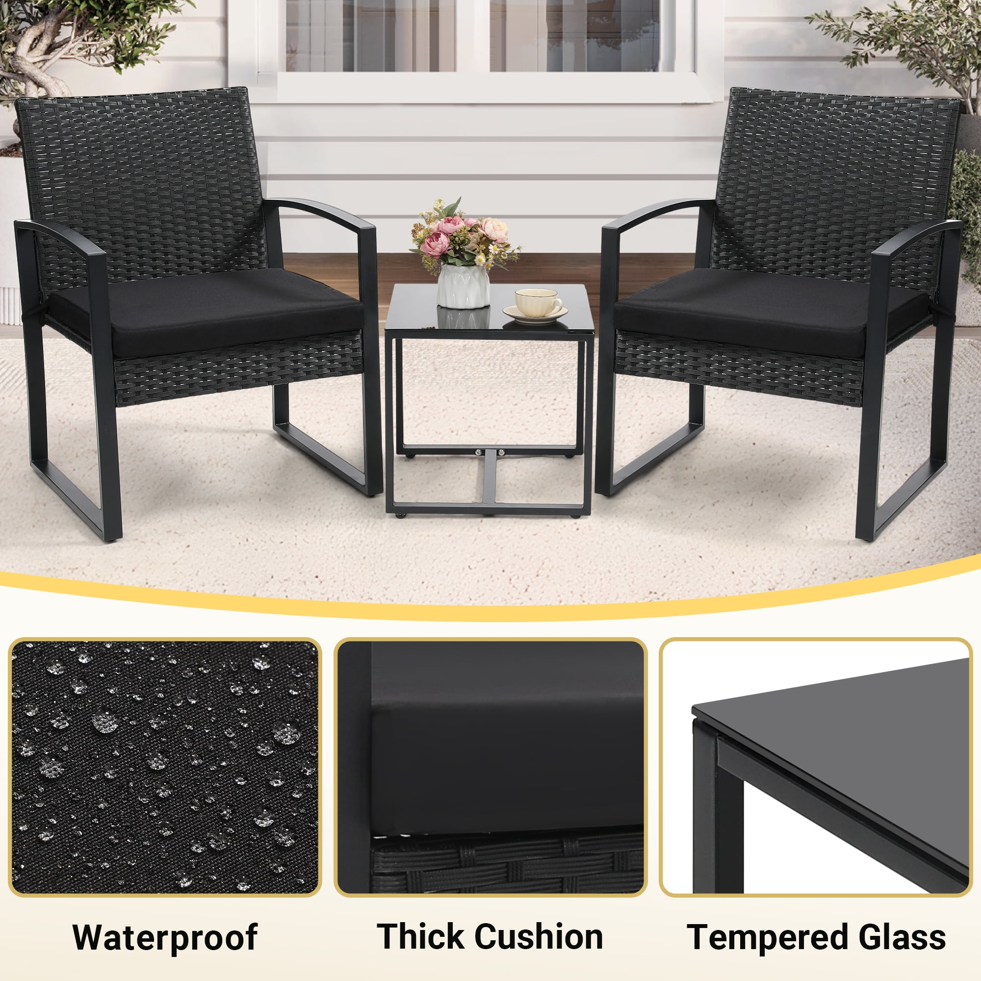 TUAREX 3-Piece Rattan Patio Furniture Set, All-Weather Wicker Bistro Set with Coffee Table and Cushioned Chairs for Garden, Yard, Balcony, Black