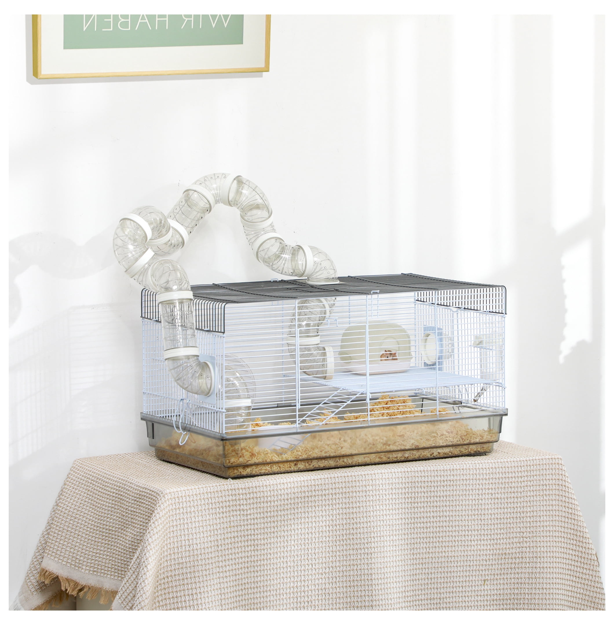 Hamster Cage for Dwarf Hamsters & Gerbils with Tubes & Wheel - 23x13x12 Inch Gray Small Animal Habitat