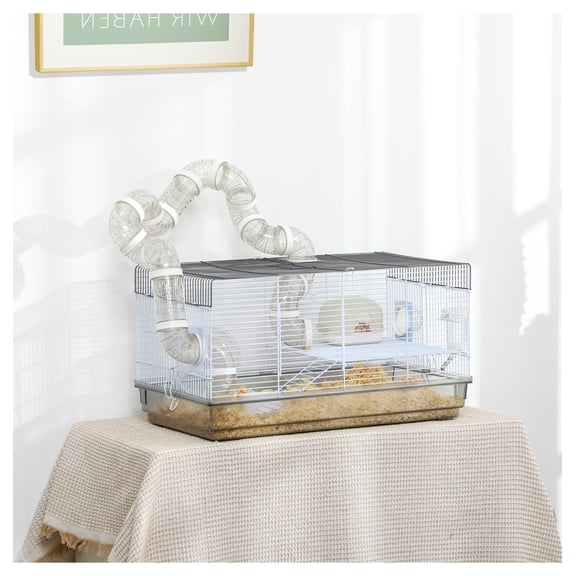 Gerbil Hamster Cage with Tubes & Wheel, Small Animal for Dwarf Hamsters, 23x13x12 Inch, Gray