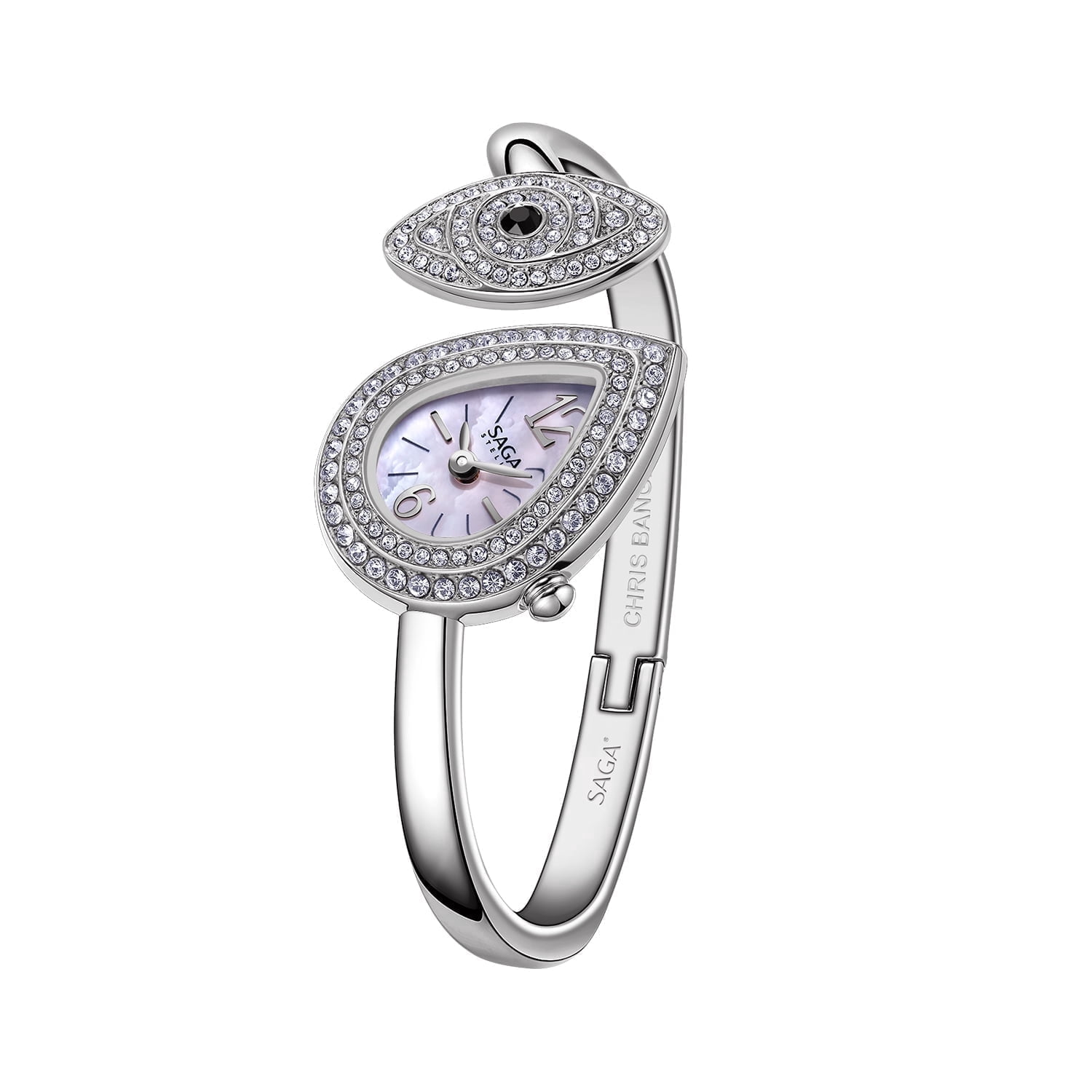 SAGA Angel's Eye Women's Cuff Bracelet Watch, 316L Stainless Steel, Mother-of-Pearl Dial, Danube Crystals, Swiss Quartz, 30M Water Resistant