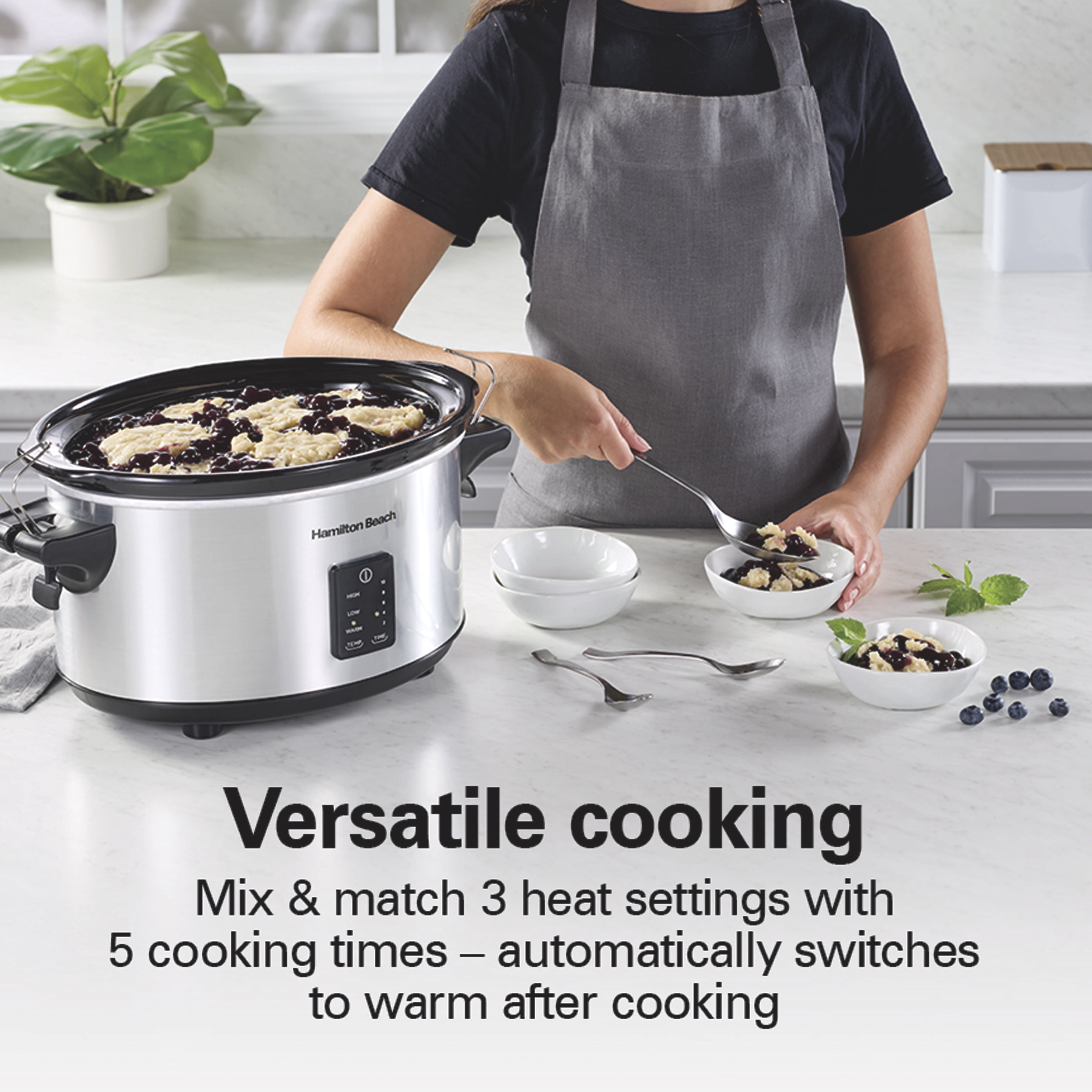 Hamilton Beach 7 Qt Programmable Slow Cooker, Stoneware Crock with Removable Pot, Includes Party Dipper Food Warmer, Stainless Steel