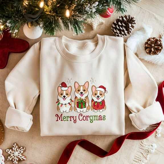 EMBROIDERED Corgi Christmas Sweatshirt, Corgi Christmas Trees Sweater, Dogs Holiday Crewneck Shirt, Corgi Mom Christmas Gift, Dog Lover Gift