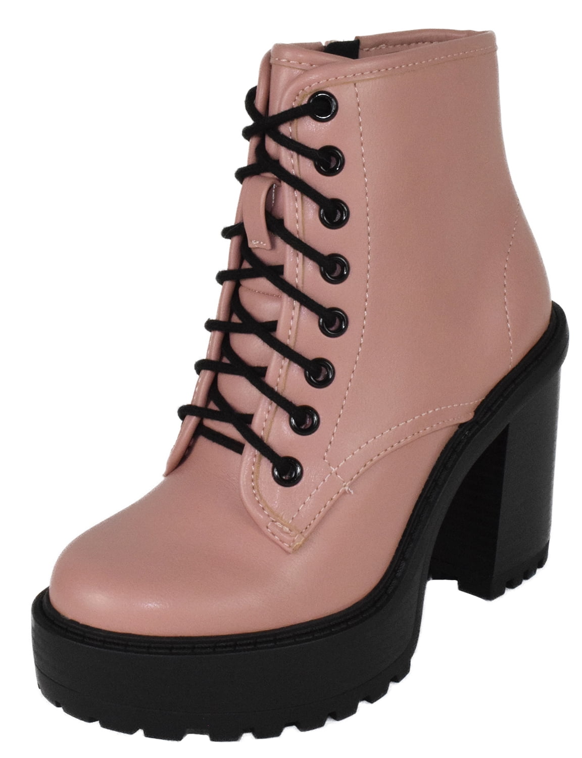 Chunky Platform Heels Black Combat Boots Womens Lace Mid Calf Peach Ting  Brzl20 | eBay