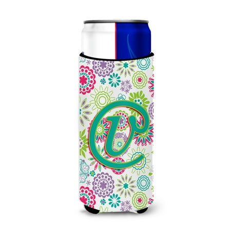 

Carolines Treasures CJ2011-VMUK Letter V Flowers Pink Teal Green Initial Ultra Beverage Insulators for slim cans Slim