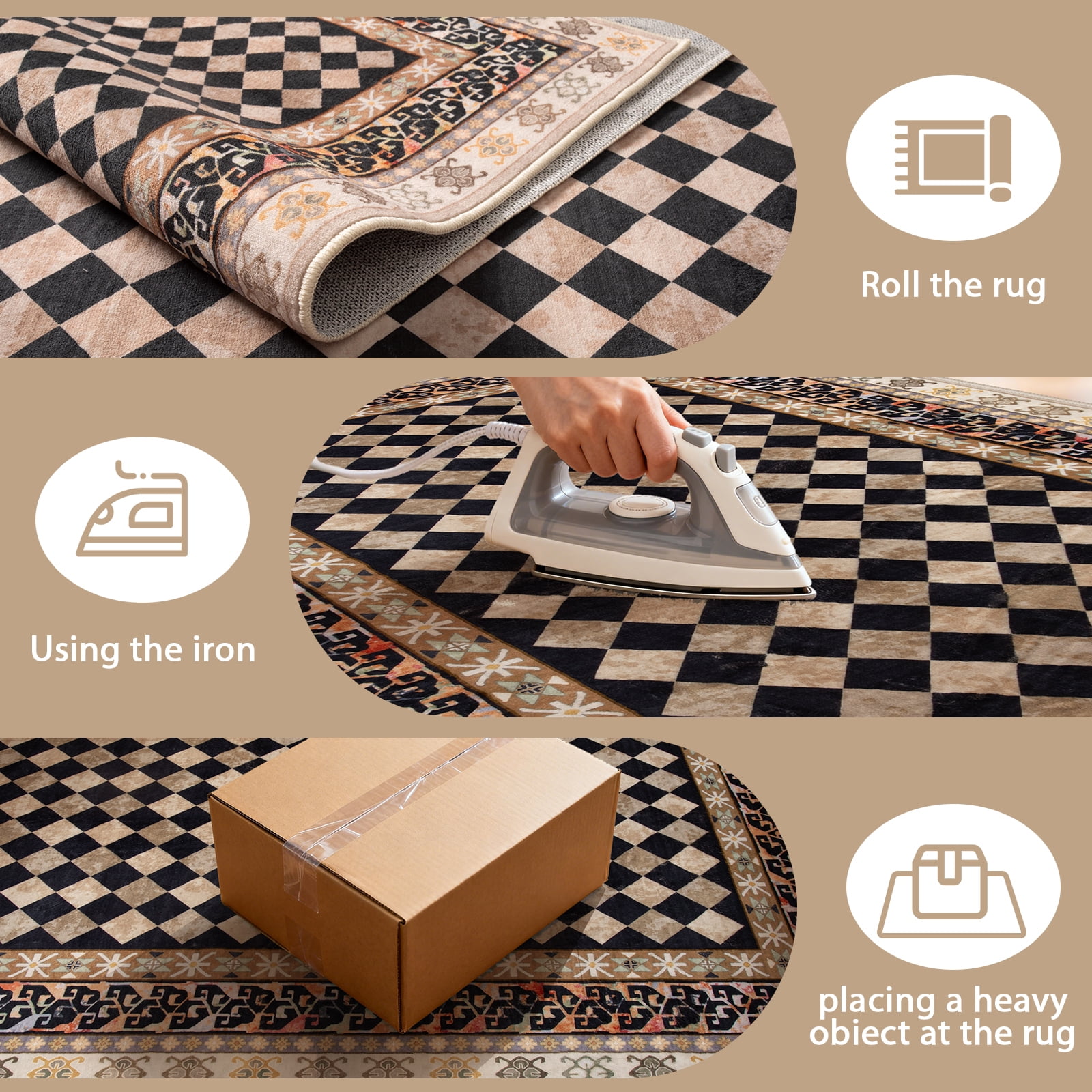 RUG ROBOT 5'x7' Area Rugs for Living Room, Non-Slip Washable Checkered Rug for Bedroom, Indoor Soft Vintage Diamond Carpet for Dining Room Home Decor, Black