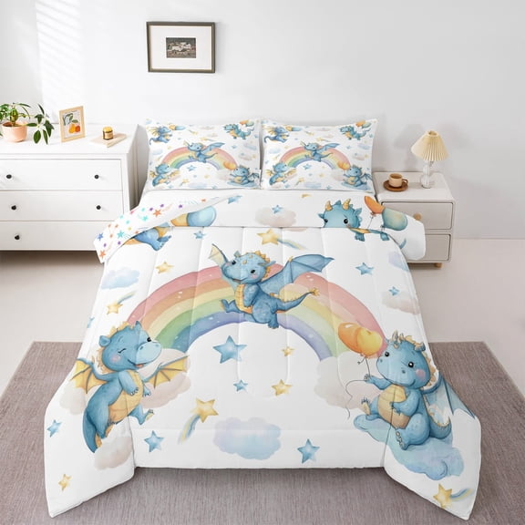 Castle Fairy Blue Dragon 2pcs Bedding Comforter Set,Starry Sky Twin Comforter Sets,Cartoon Rainbow Breathable Bedding Set,Super Cozy Cute Room Decor,Reversible