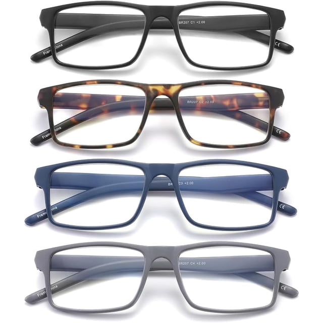 JAWSOCK 4 Pack Reading Glasses Blue Light Blocking for Men Women,Rectangular Frame Computer Readers with Spring Hinge