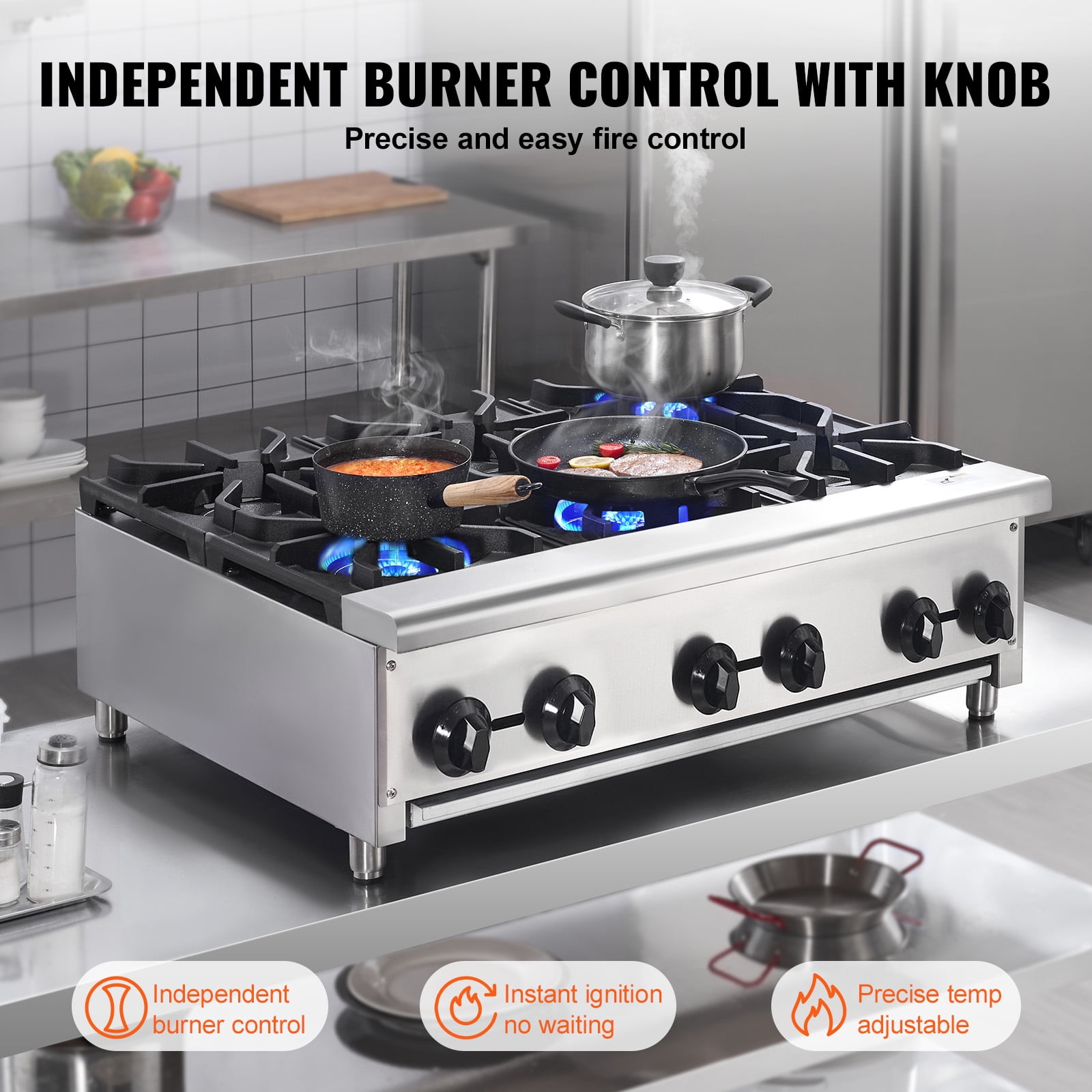KFFKFF Gas Range for Commercial Kitchens, 6-Burner Countertop Model, Dual Fuel - Propane or Natural Gas, Made of Stainless Steel, Ideal for Restaurants, 168,000 BTU