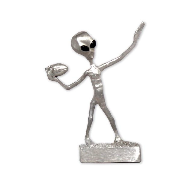 Real Metal Football UFO Alien Throwing a Hail Mary Pass Pewter Statue