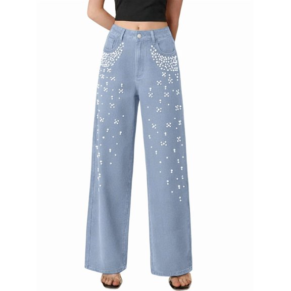 Women'S High Waisted Jeans Boyfriend Baggy Wide Straight Leg Casual Denim Pants Trousers Light Blue XS