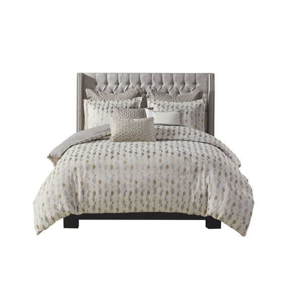 Ergode King 9 Piece Comforter Set - Luxurious Jacquard Design with Symmetric Diamond Shapes - Ivory, Taupe, Gold, and Silver - Heavyweight and Cozy - Includes Shams and Decorative Pillows