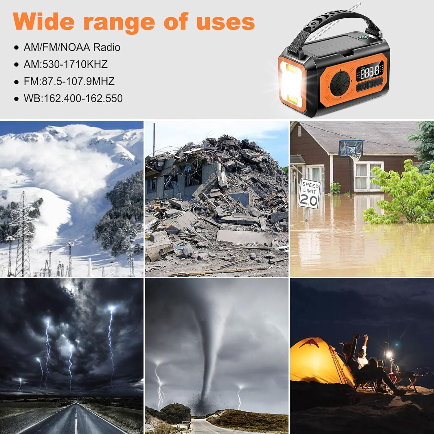 12000mAh Emergency Radio, AM/FM/NOAA Weather Alert Radio, Portable Hand Crank Radio Solar/Type-C Charging Outdoor Radio with Torch & LED Reading Lamp, SOS Alarm, Compass, Power Bank (Orange)