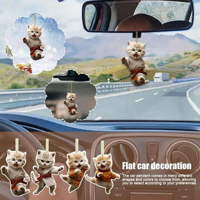 Adorno colgante de coche de gato acrílico - Decoración de dibujos animados planos 2D con cordón como espejo