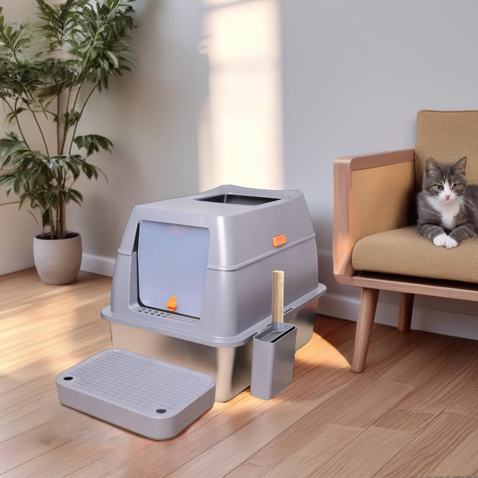 BingoPaw Stainless Steel Enclosed Cat Litter Box with Lid Extra Large Litter Pan Tray, Anti-Leakage, High Wall Sides