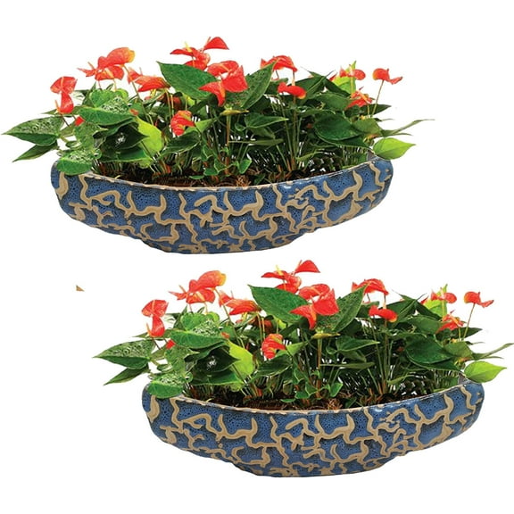 India Meets India Ceramic Boat Shaped Planter Flower Pots Indoor Outdoor Planter, Handicraft by Awarded Indian Artisan (10' Inch, Blue, Set of 2)