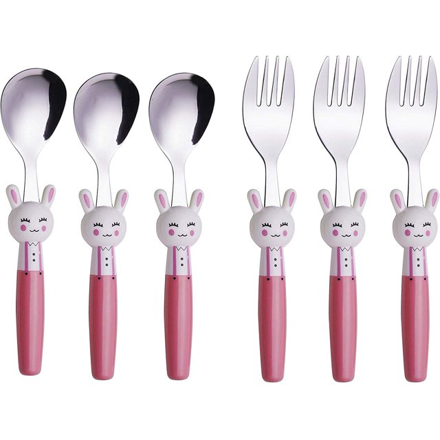 Juego de cubiertos para niños de 6 piezas - Cubiertos/cubiertos de acero inoxidable - 3 x tenedores seguros, 3 x cucharadas, utensilios seguros para niños pequeños para fiambrera sin BPA (conejo) Fokelyi WMZL-700