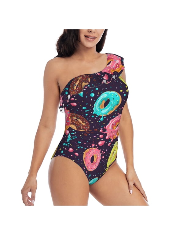 Picia Donuts1 Pattern Women's One Piece Swimsuits,One Shoulder Swimwear Asymmetric ,Ruffle Monokinis Bathing Suits,High Waisted Flattering Bathing Suits-Small