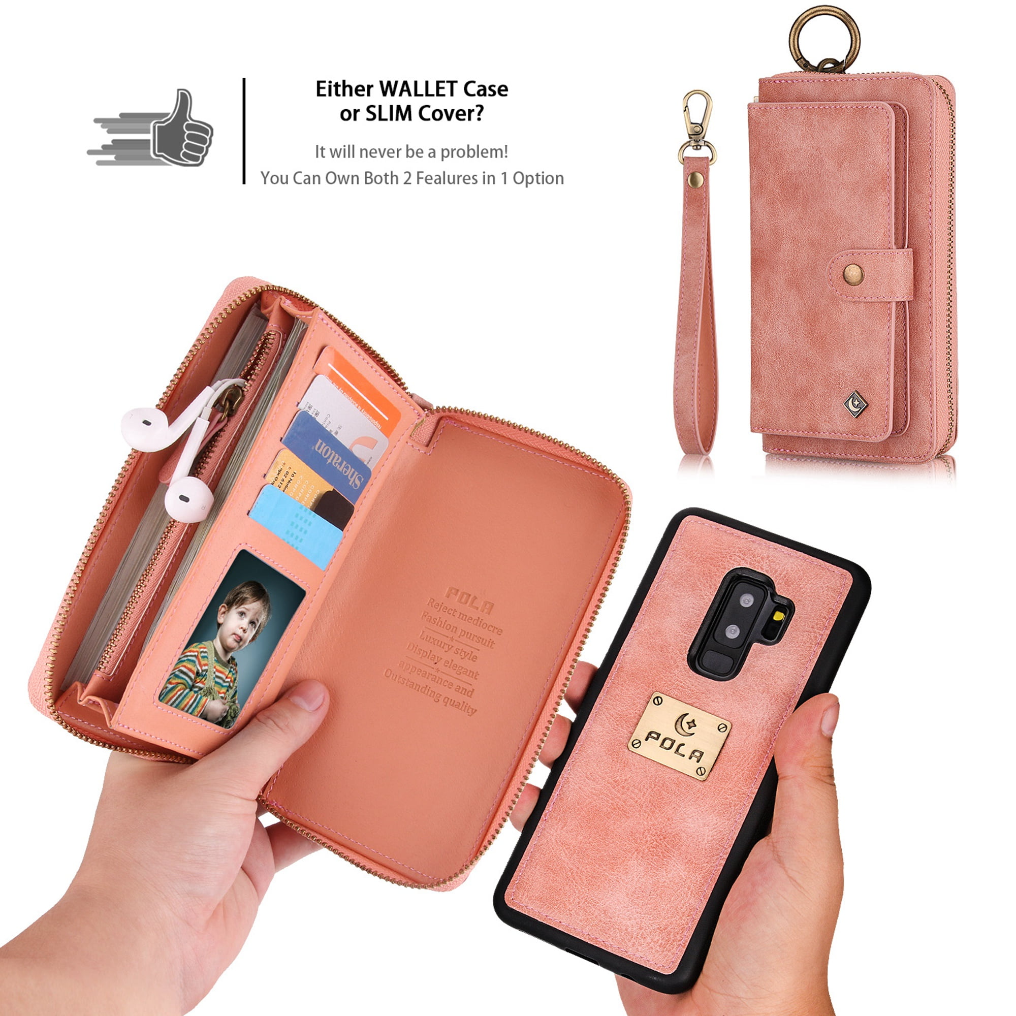 Galaxy S9 Plus Wallet Detachable Case, Dteck [wrist band][14 Card Slots] Zipper Purse Phone Case Multi-functional Folio Flip PU Leather Removable Magnetic Back Cover For Samsung Galaxy S9+,Pink
