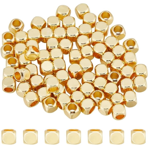 1 Box 50Pcs Gold Cube Beads Square Metal Spacer Beads Bulk 4x4x4mm Real 18K Gold Plated Brass Smooth Loose Charms for Bracelets Necklaces Earrings Keychains Jewelry Making Crafts Gifts