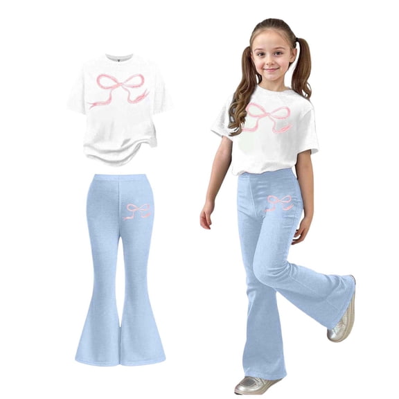 Girls 2 Piece Outfits Short Sleeve Bow T-Shirt Top and Flared Pants Sets Girls Spring Outfits Girls Sets Size 5-6 Years