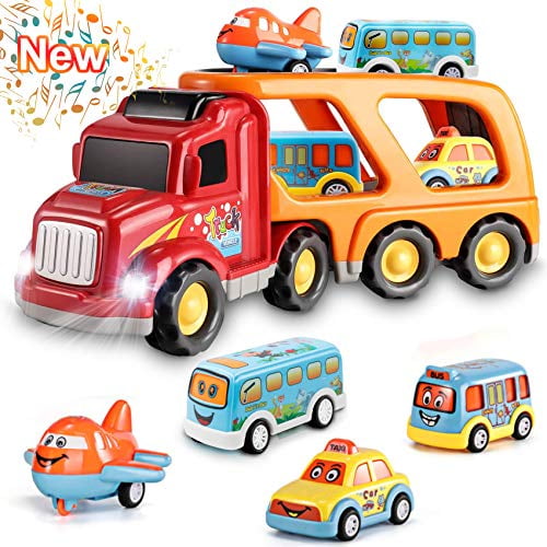 iHaHa Car Toys for Toddlers Boys 5 in 1 Carrier Truck Transport Vehicles Car Toys for 1 2 3 4 5 6 Year Old Boys Toddlers Birthday Car Trucks Friction Power Toys with Light Sound 