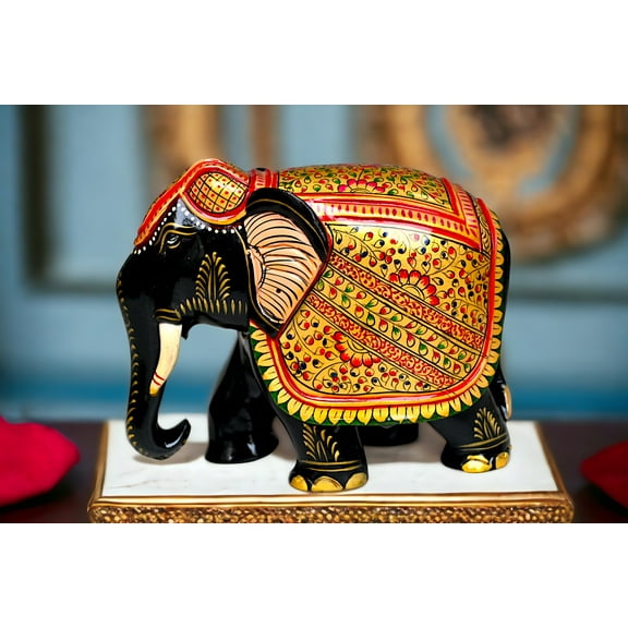 Royal Wooden Elephant Hand Carved Painted Elephant Figurine Boho Wooden Elephant Statue, Wooden Handicrafts, Home Decor Accent, Wedding Anniversary Gift
