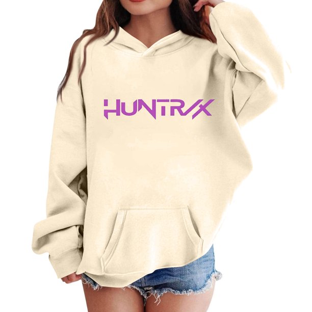 Moonsky Sudadera con capucha y cordón HUNTRX, estampado de grupo de chicas coreanas, jersey corto, suave y cómodo, top de manga larga para primavera y otoño. Beige 110